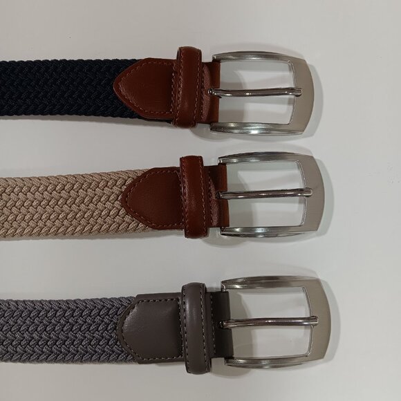 Set of 3 Braided Elastic Stretch Belts, Size Medium, Navy, Tan and Grey - Picture 2 of 10